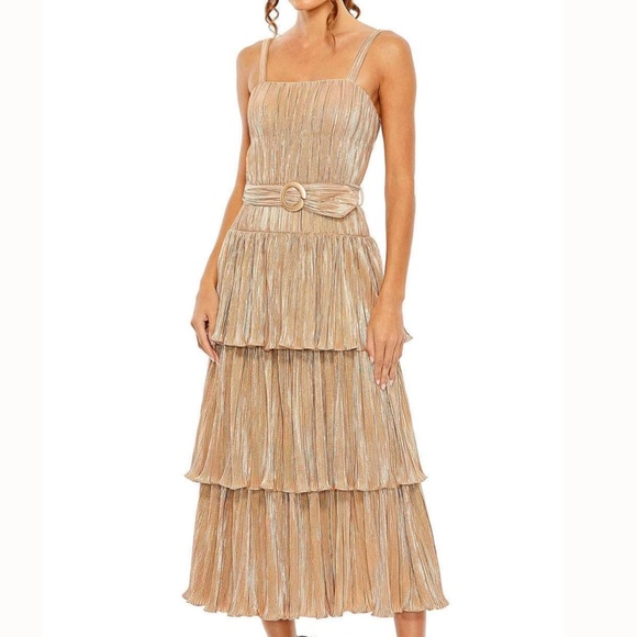 Mac Duggal -  Gold Ruffle Tiered Buckle Detail Dress - Picture 1 of 16